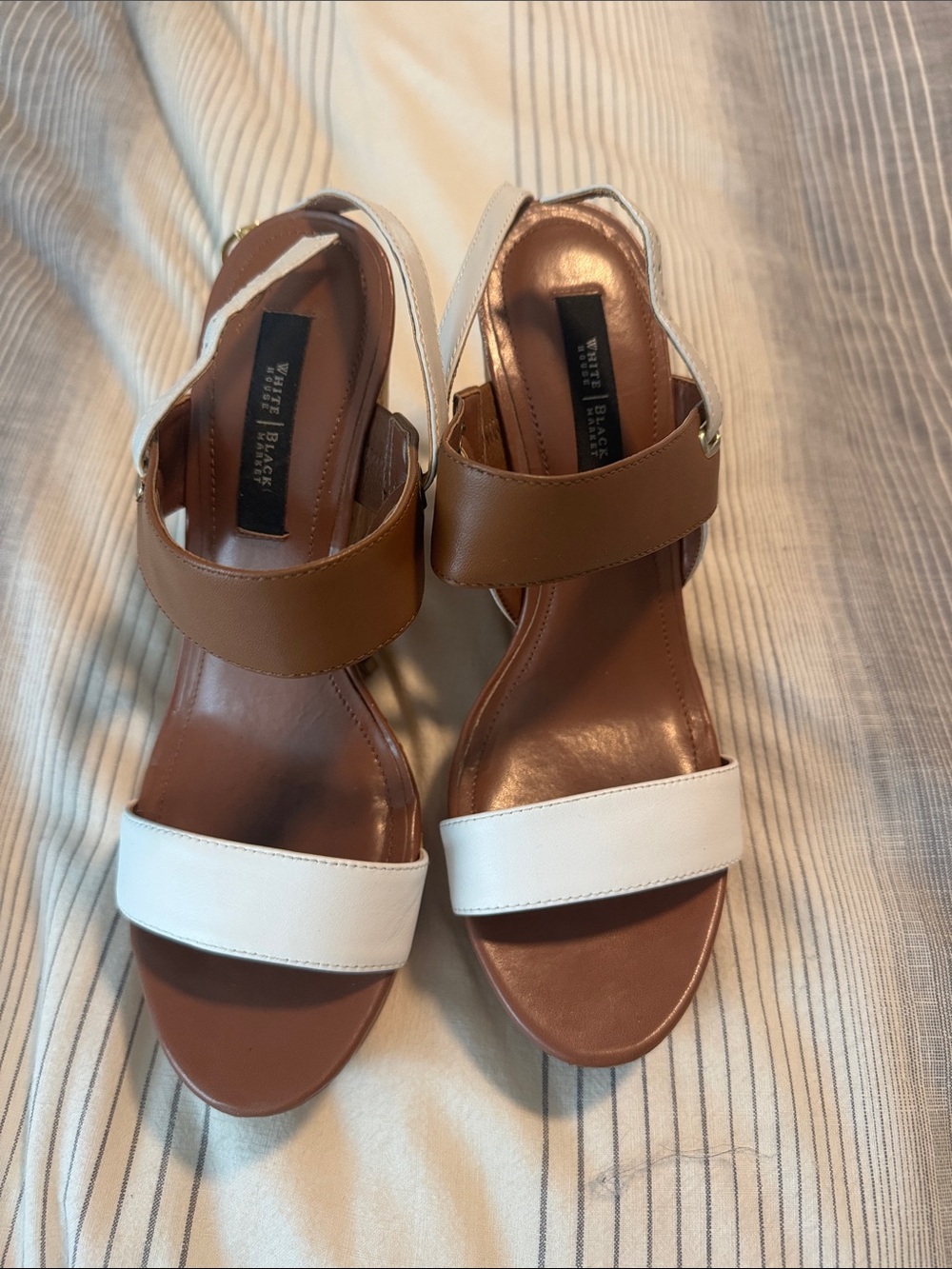 White House Black Market Two-Tone White and Brown Leather Slingback Heels